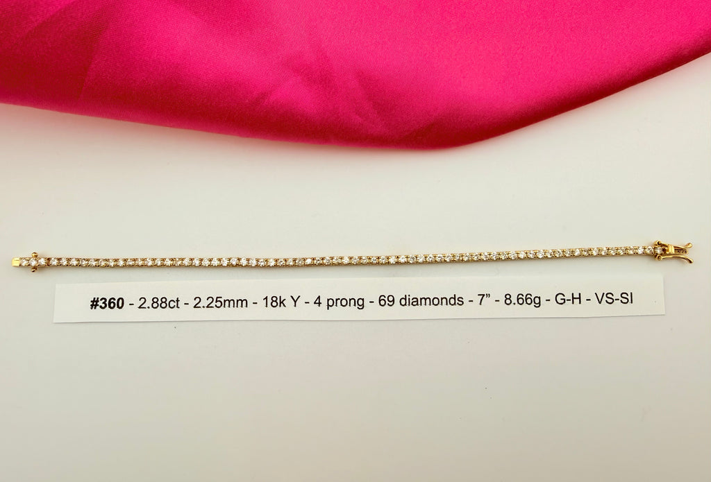 2.88 Carat Total Weight NATURAL DIAMOND Tennis Bracelet 18k Yellow Gold 4 prong set #CKTB360
